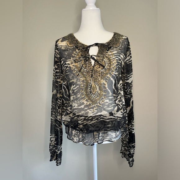 Cache Sheer Grey and Black Beaded Blouse - Picture 1 of 10